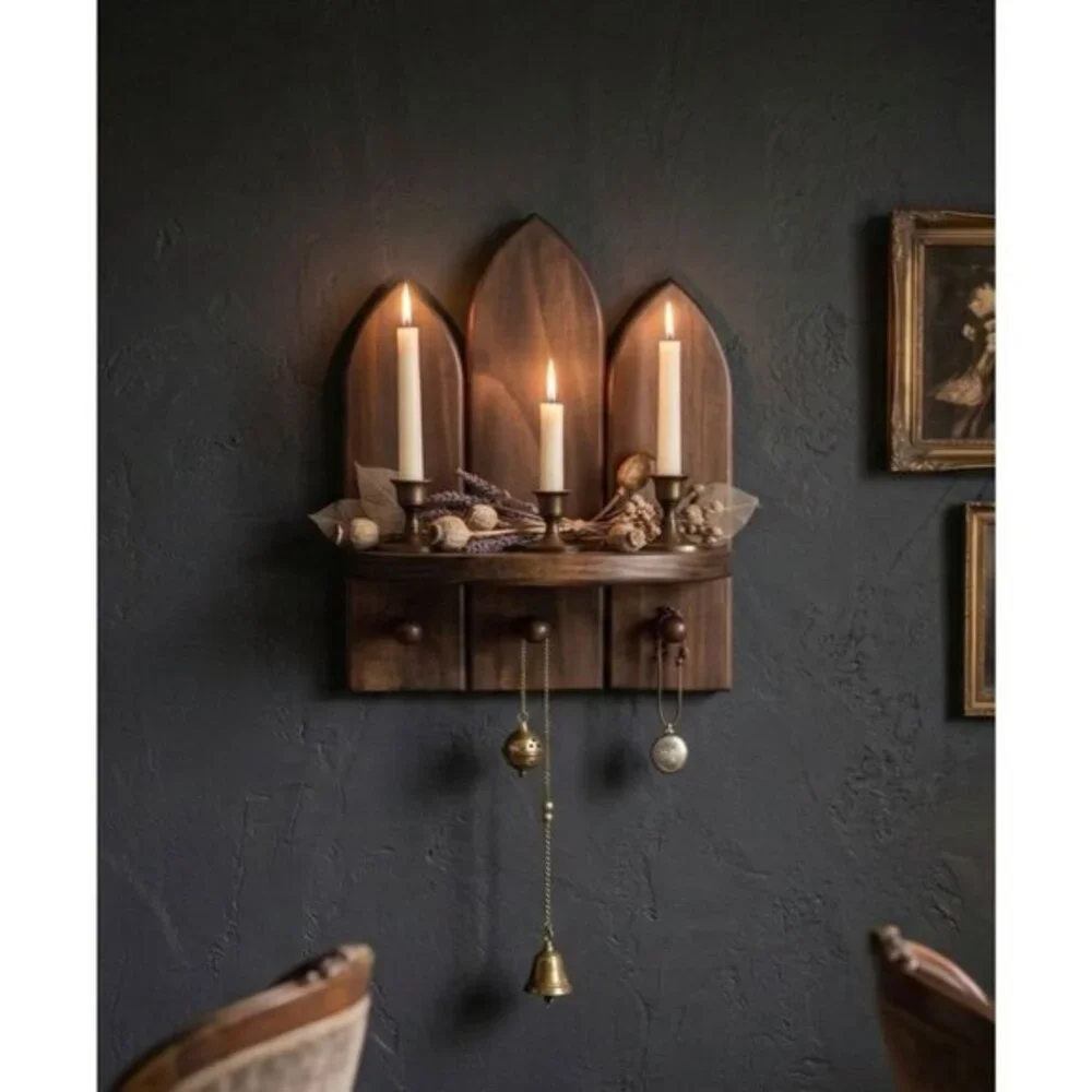 Handmade Gothic Cathedral Arch Wood Wall Shelf 3 Hooks Dark Walnut Witchy Altar